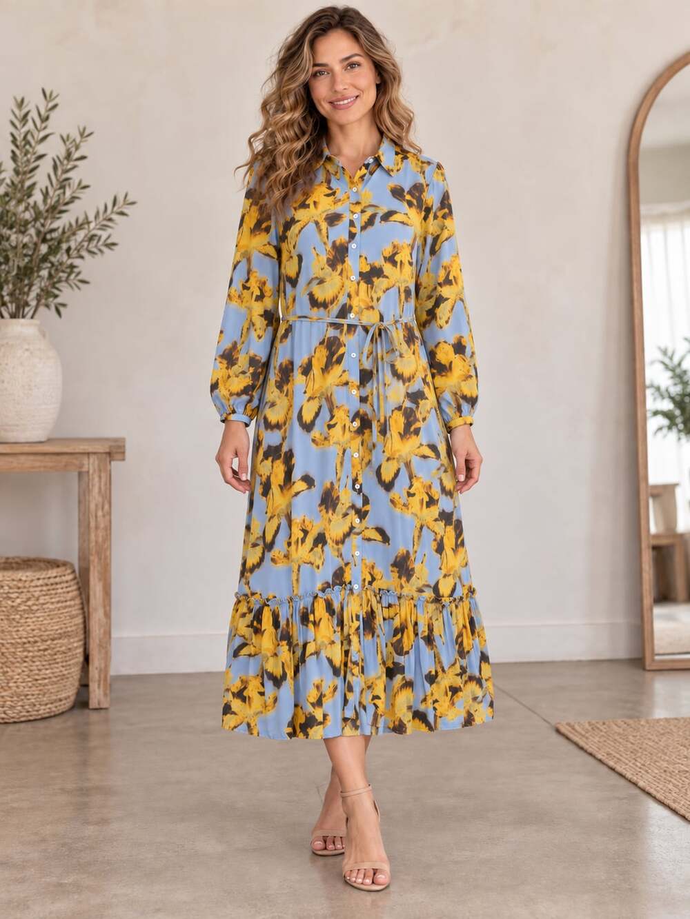 J.Crew Long Amelia Shirtdress M Blue Yellow Floral Viscose Twill Maxi CF658